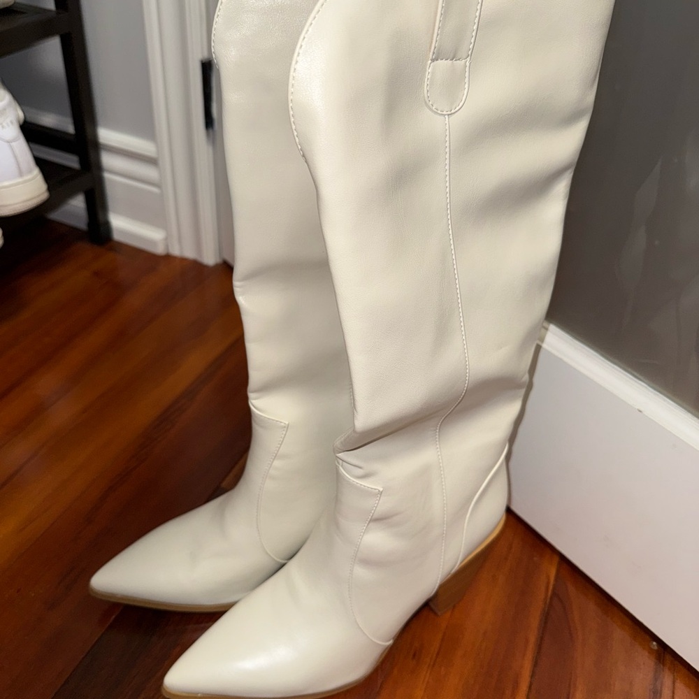 Cream Faux Leather Knee-High Cowboy Boots